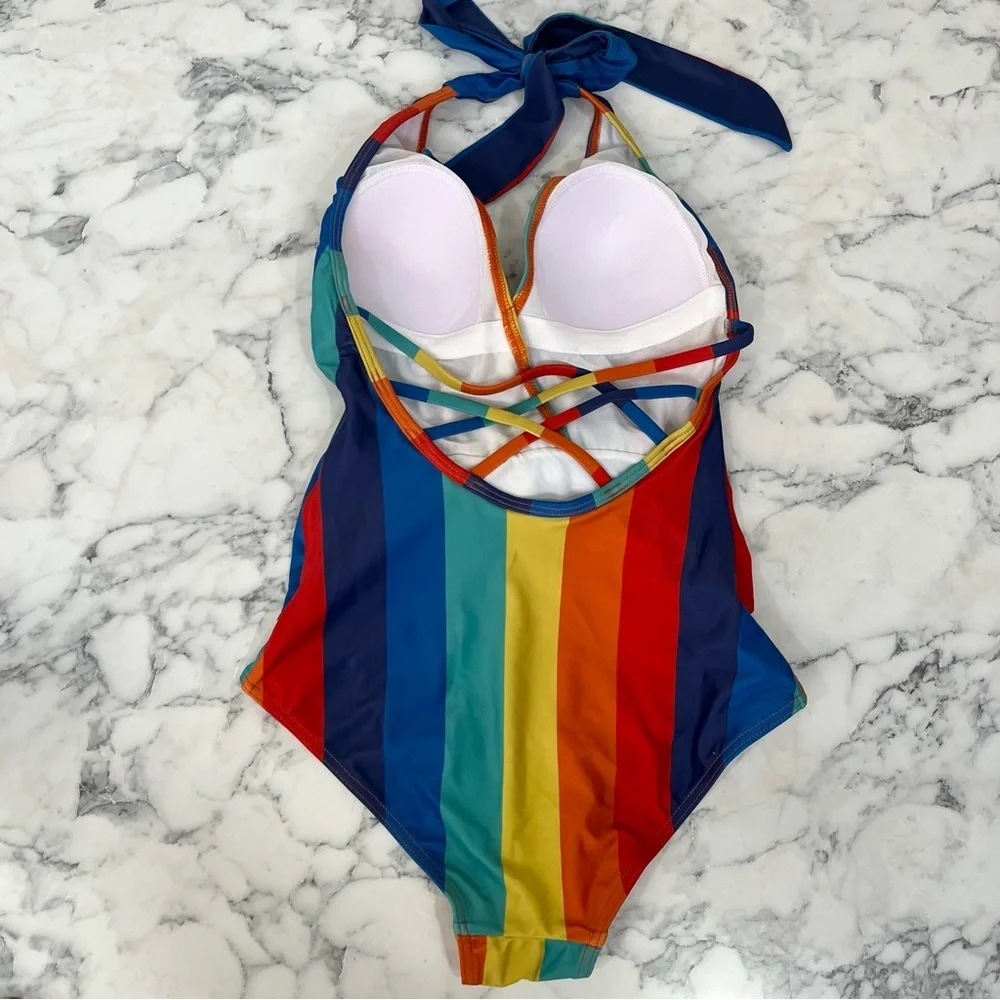 ModCloth x Collectif The Brooke One-Piece Halter Swimsuit Rainbow Stripes XS